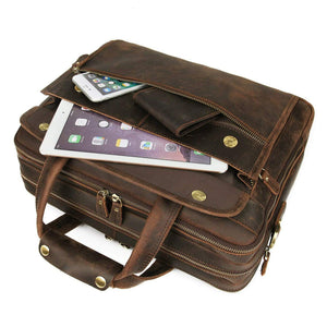 Classy Leather Bags Crazy Horse Leather Briefcase with sturdy handle, zipper closure, and classic design for professional use.