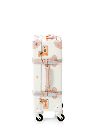 Cream white COTRUNKAGE SarahFace spinner suitcase with four wheels and a sturdy handle, designed for easy travel.