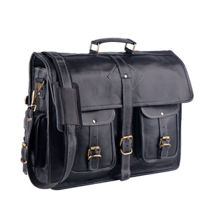 Retro black messenger bag from Classy Leather Bags with a free toiletry bag, showing the bag's front view and adjustable strap.
