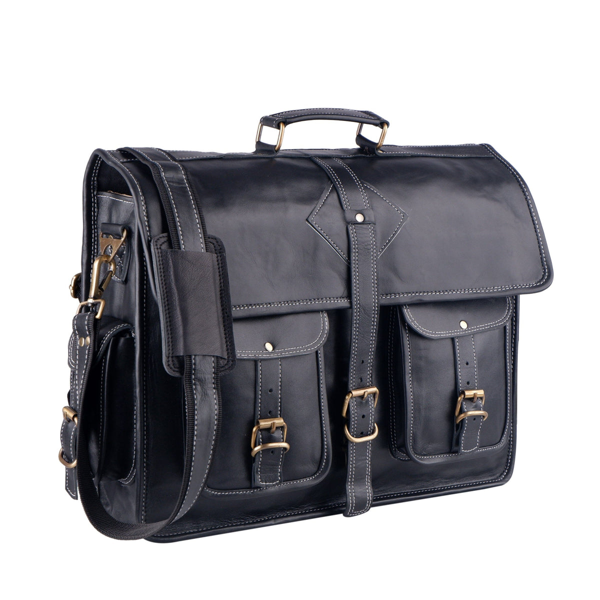 Black leather messenger bag from Classy Leather Bags, featuring a vintage-inspired design with adjustable shoulder strap.
