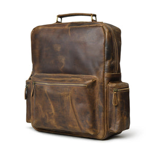 Classy Leather Bags Barclay Buffalo Backpack showing front view with adjustable straps and leather texture.