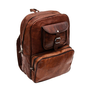 Vintage Traveller Backpack by Classy Leather Bags, showcasing brown leather with adjustable straps and multiple compartments.
