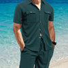 Men's Full Size Button Down Short Sleeve Top and Shorts Set Plus Size - Deep Teal