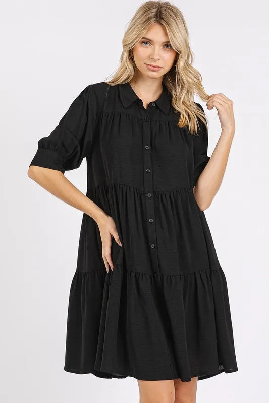 Mittoshop Button Detail Collared Neck Tiered Shirt Dress - Farnelli