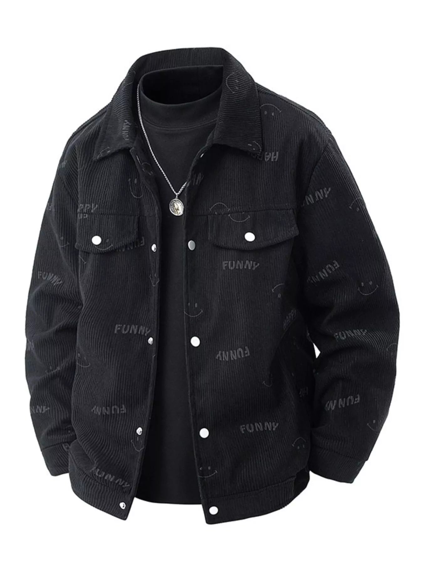 Men's Plus Size Smiley Face Print Snap Down Casual Jacket - Farnelli