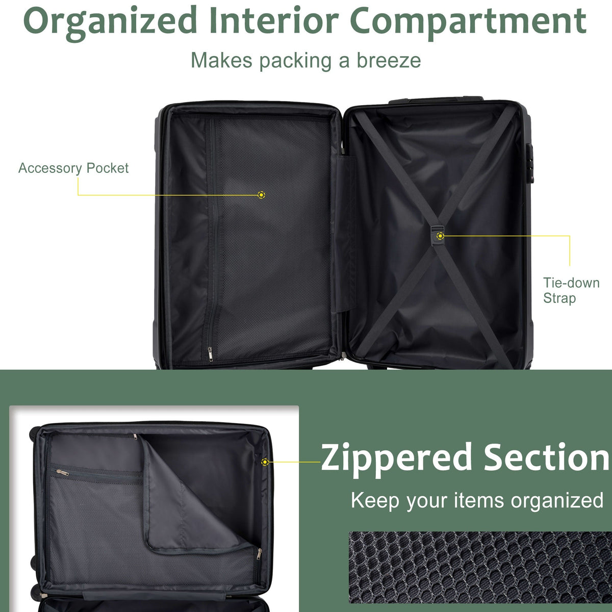 HouseOfZazla green lightweight ABS hardshell hard case luggage with easy-glide wheels