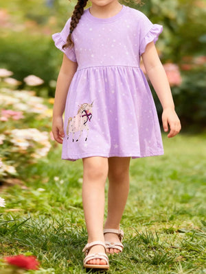 Children's Unicorn Star Print Ruffled Sleeve Dress - Farnelli