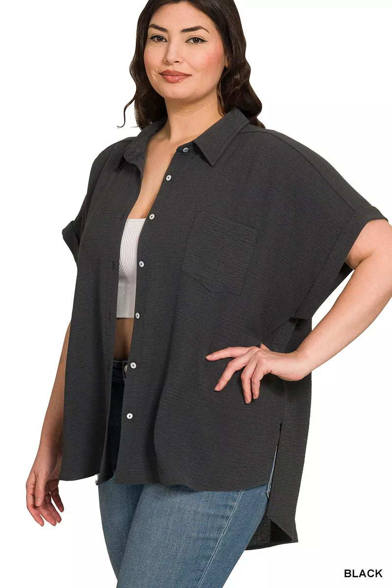 Zenana Full Size Woven Airflow Button Down Shirt Plus Size - Farnelli