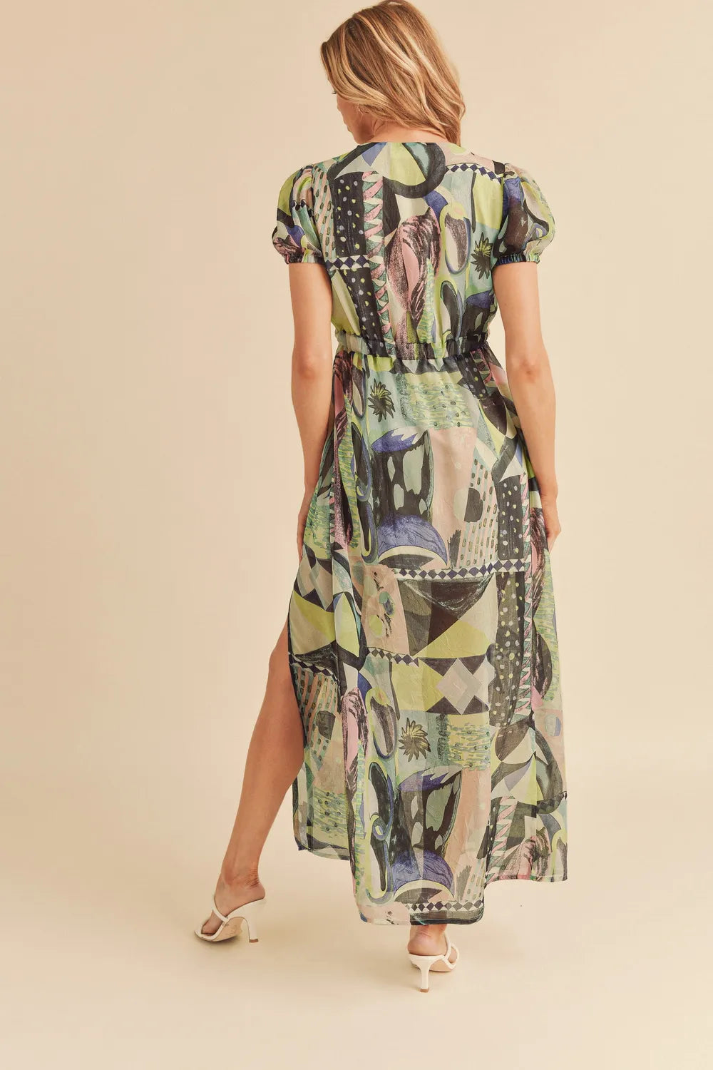Aemi + Co Lace Detail Slit Geometric Print Short Sleeve Maxi Dress - Farnelli