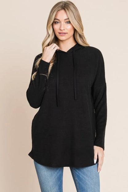 BOMBOM Contrast Drawstring Drop Shoulder Knit Hoodie - Farnelli