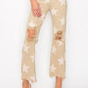 RISEN Full Size High Rise Star Printed Frayed Hem Jeans - Khaki