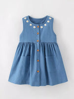 Children's Daisy Embroidered Denim Button-Down Dress - Farnelli