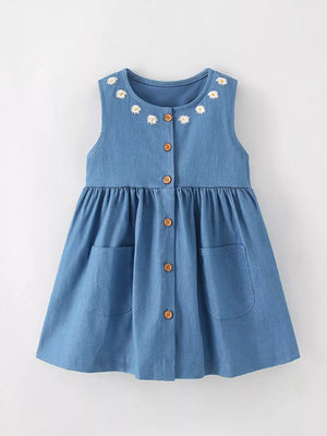 Children's Daisy Embroidered Denim Button-Down Dress - Farnelli