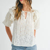 MABLE Eyelet Lace Ruffle Shoulder Puff Sleeve Blouse - Cream