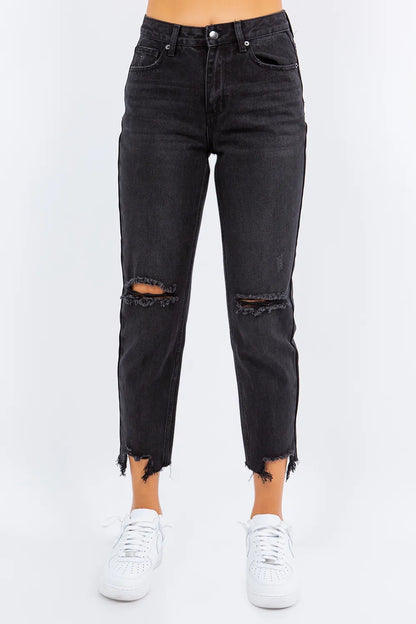 American Bazi High Waist Distressed Cropped Straight Jeans - Farnelli