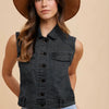 Annie Wear Collared Neck Button Down Denim Vest - Black