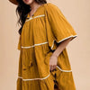 Annie Wear Tassel Contrast Trim Tie Neck Half Sleeve Tiered Dress - Mustard