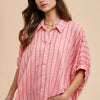 Annie Wear Striped Button Up Half Sleeve Shirt - Coral Pink