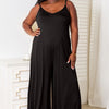 Double Take Full Size Soft Rayon Spaghetti Strap Tied Wide Leg Jumpsuit - Black