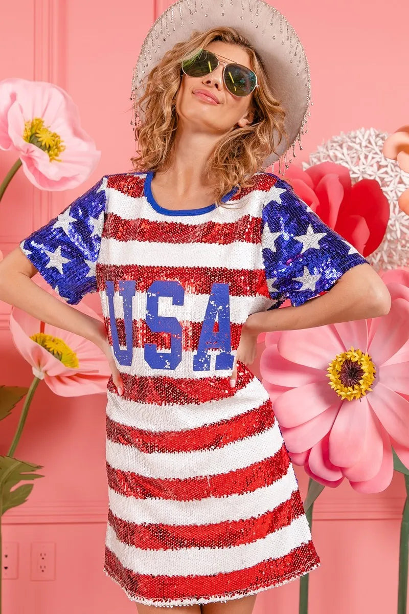 BiBi American Flag Theme Usa Print Sequin Dress - Farnelli