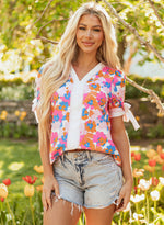 Aleia Floral Knotted Short Sleeve Blouse - Farnelli