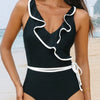 Ruffle Trim V-Neck One-Piece Swimsuit - Black