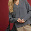 Umgee V-Neck Sweater with Wide Trim Detail - CHARCOAL