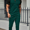 Men's Full Size Waffle-Knit Contrast Top and Drawstring Pants Set Plus Size - Dark Green