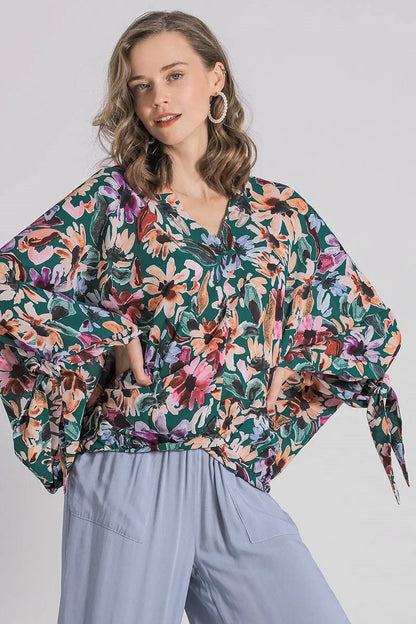 Umgee Full Size Floral V-Neck Tie Sleeve Blouse Plus Size - Farnelli