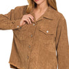 Zenana Distressed Corduroy Frayed Hem Cropped Jacket - DEEP CAMEL