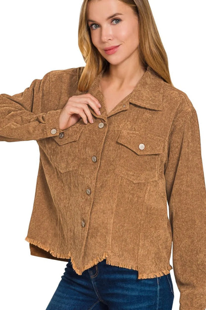 Zenana Distressed Corduroy Frayed Hem Cropped Jacket - Farnelli