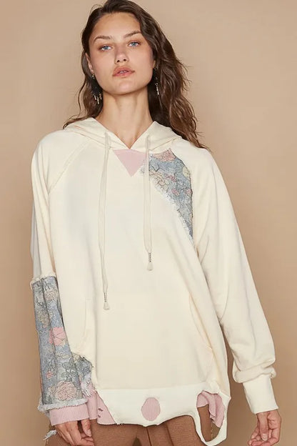 POL Floral Patchwork Distressed Drawstring Hoodie - Farnelli