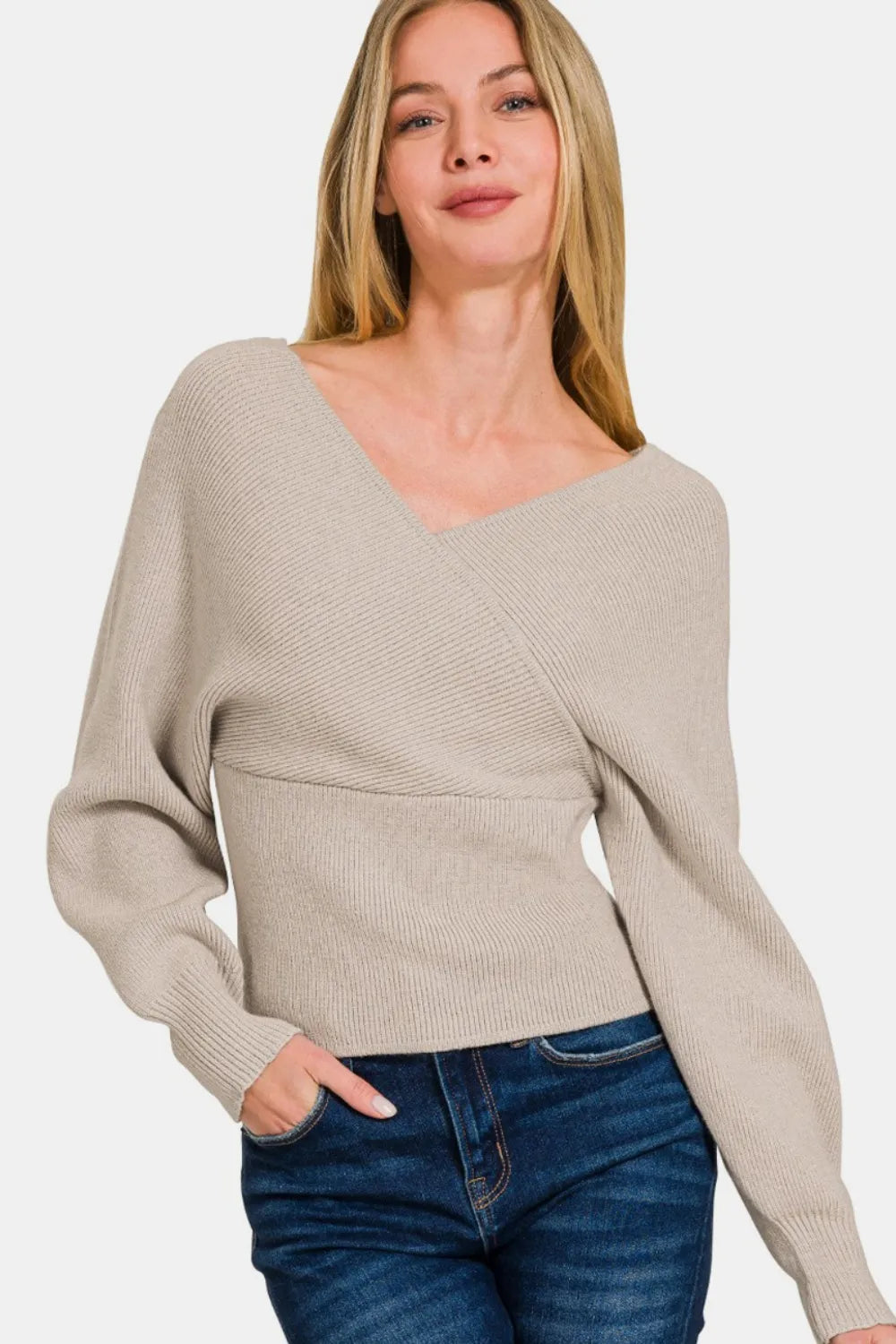 Zenana Cross Wrap Rib Long Sleeve Sweater - Farnelli