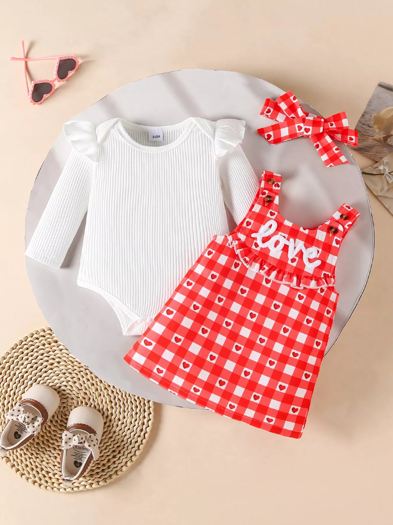 Children's Ruffled Bodysuit and Gingham Dress Set with Headband - Farnelli