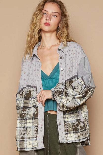 POL Balloon Sleeve Floral Color Block Plaid Shirt - Farnelli