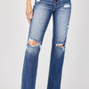 Risen Full Size Raw Hem Distressed Straight Jeans - Deep Blue