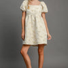 Umgee Heart Jacquard Square Neck Puff Sleeve Mini Dress - Cream
