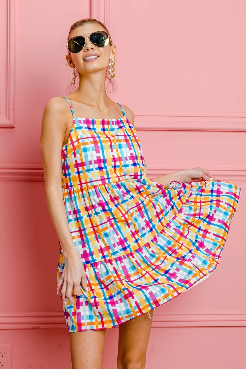 BiBi Multi Colors Plaid Sleeveless Sun Dress - Farnelli