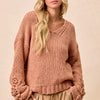 BiBi Chunky Knit Sweater with Flower Detail Sleeves - DUSTY PEACH