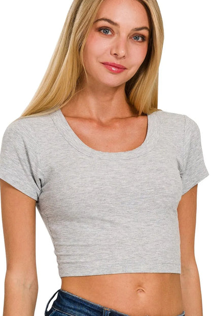 Zenana Ribbed Scoop Neck Crop Short Sleeve Top - Farnelli