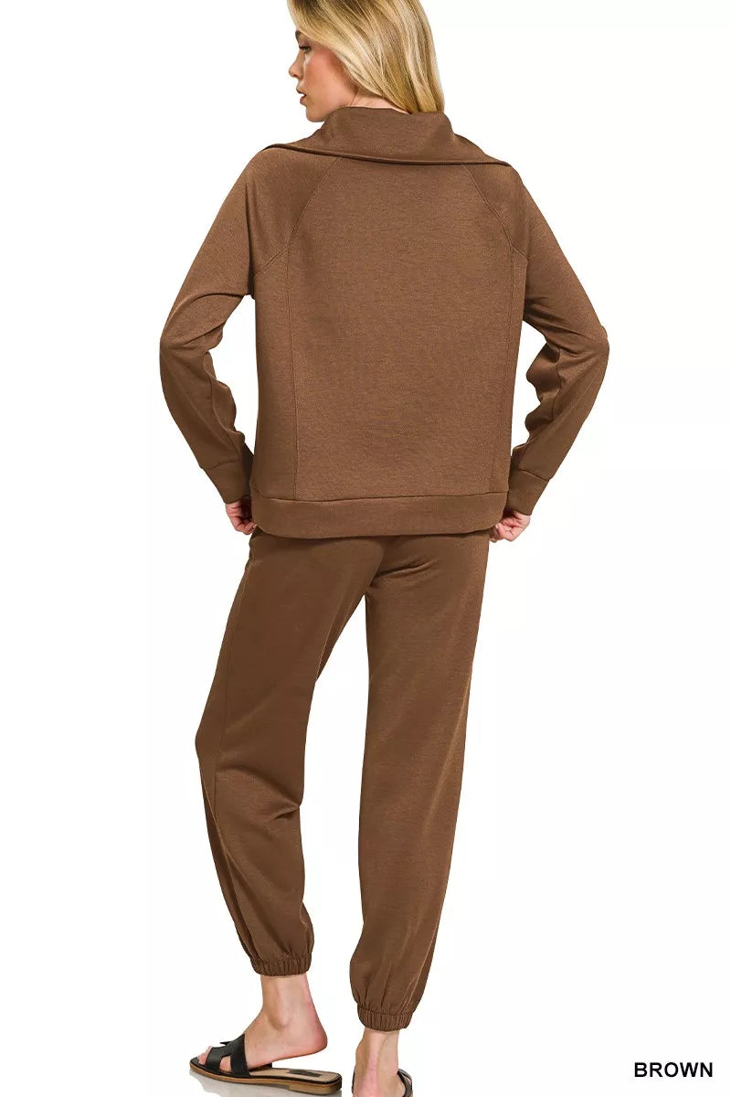 Zenana Scuba Half Zip Sweatshirts and Joggers Set - Farnelli