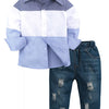 Children's Color Block Shirt & Ripped Jeans Set - Light Blue