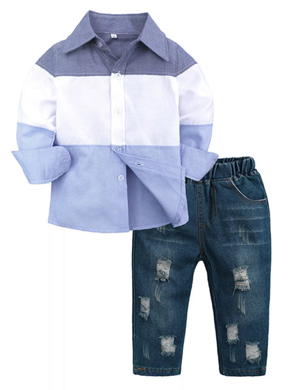 Children's Color Block Shirt & Ripped Jeans Set - Farnelli
