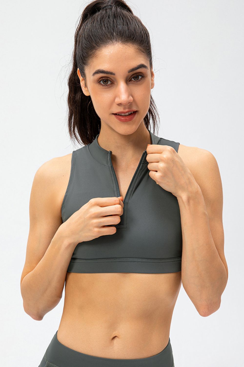 Full Size Cropped Cutout Back Zipper Front Active Tank Top - Farnelli