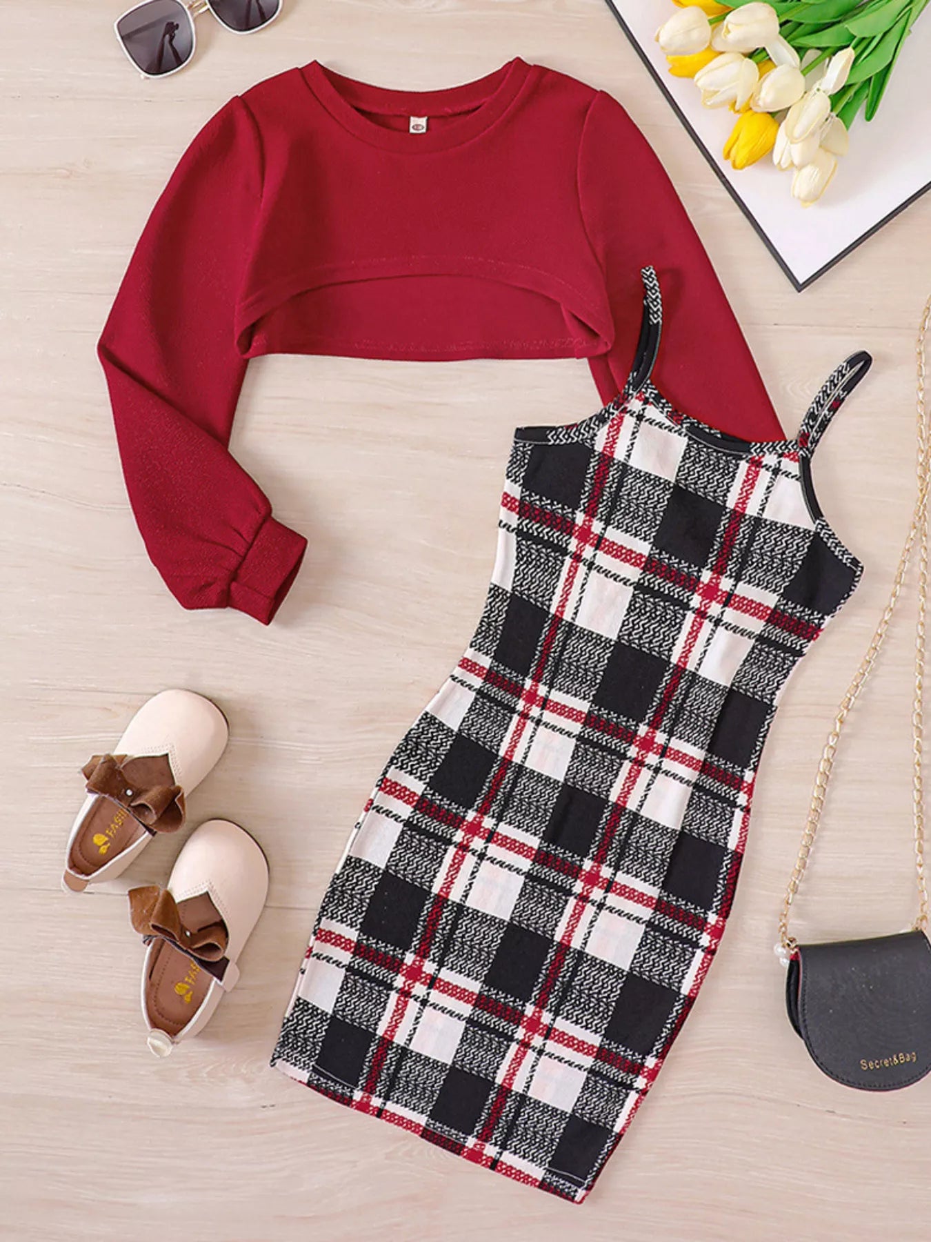 Children's Plaid Print Long Sleeve Dress Set - Farnelli