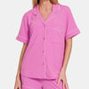 Zenana Button Down Short Sleeve Top and Shorts Lounge Set - BRIGHT MAUVE
