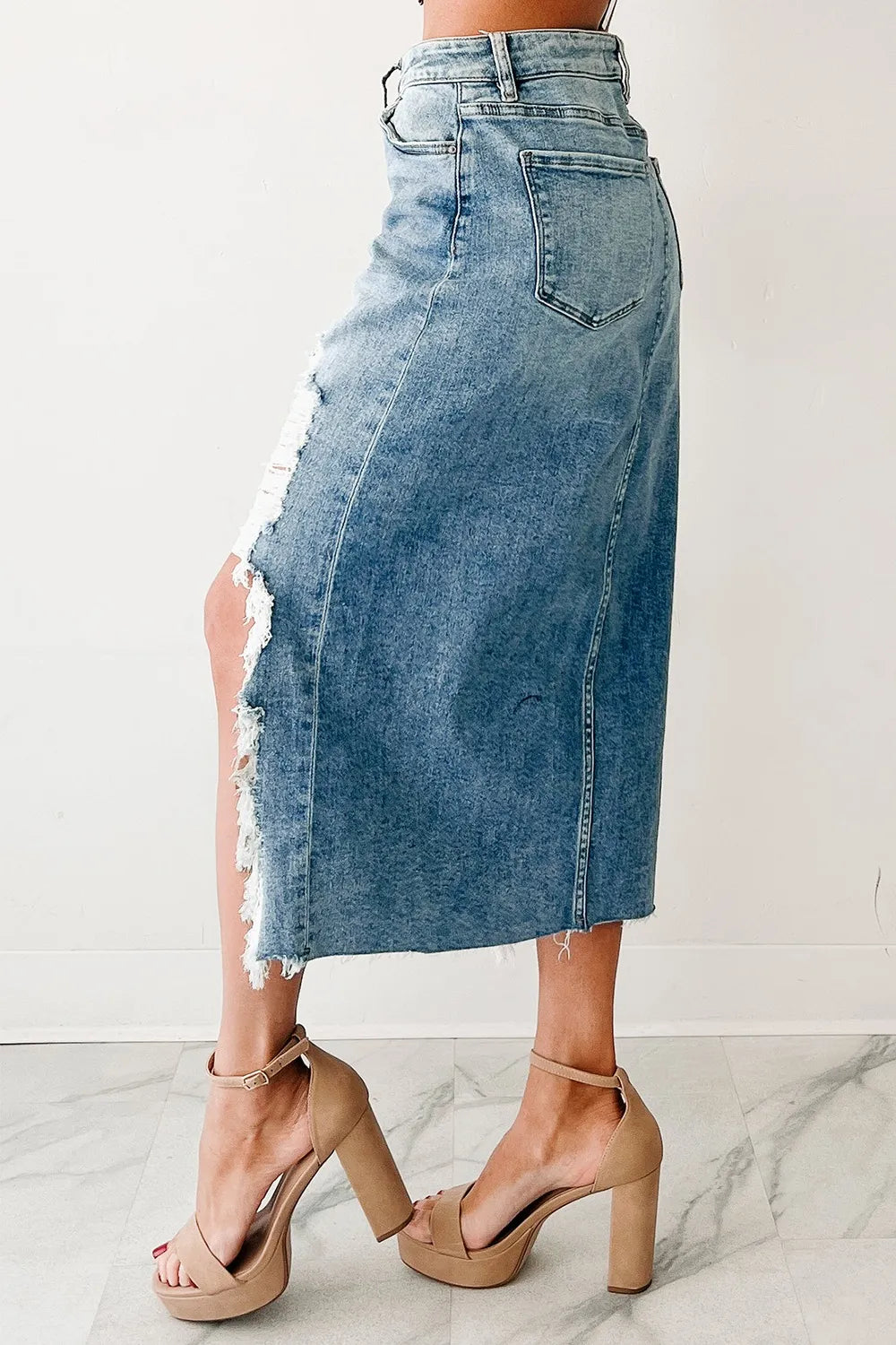 Distressed Asymmetrical Denim Skirt with Frayed Hem - Farnelli