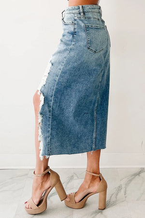 Distressed Asymmetrical Denim Skirt with Frayed Hem - Farnelli