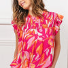 BiBi Smocked Yoke Ruffled Floral Top - Fuchsia Multi