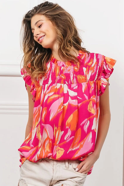 BiBi Smocked Yoke Ruffled Floral Top - Farnelli
